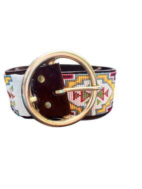 Handcrafted Beaded Leather Belt With Brass Buckle Vintage Southwestern Design